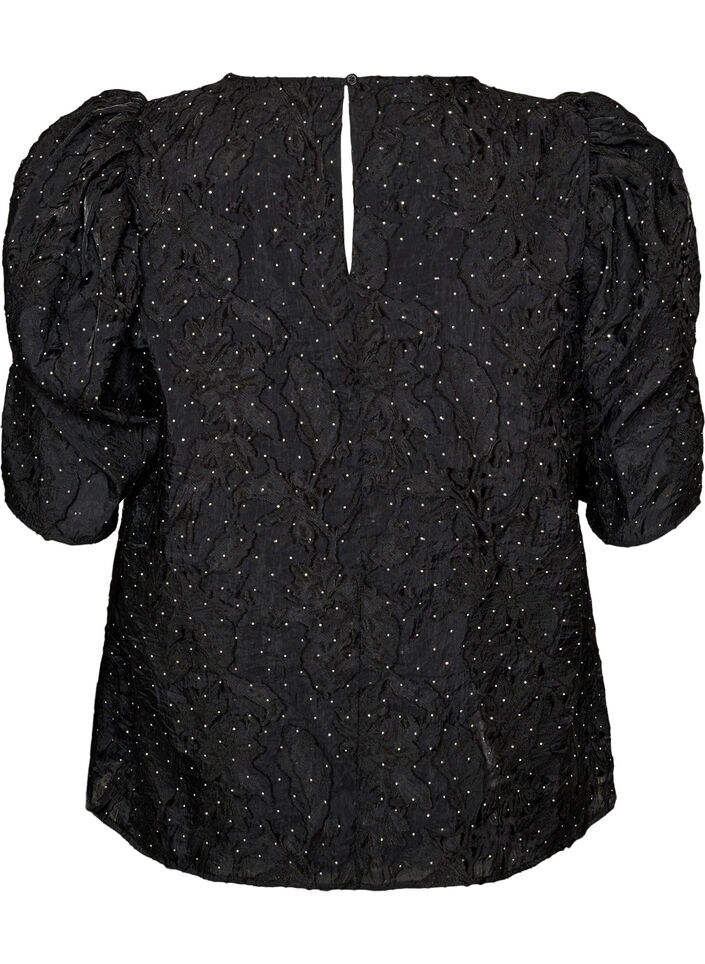 Blouse jacquard avec d&eacute;tails scintillants et manches bouffantes, Noir, Packshot image number 1