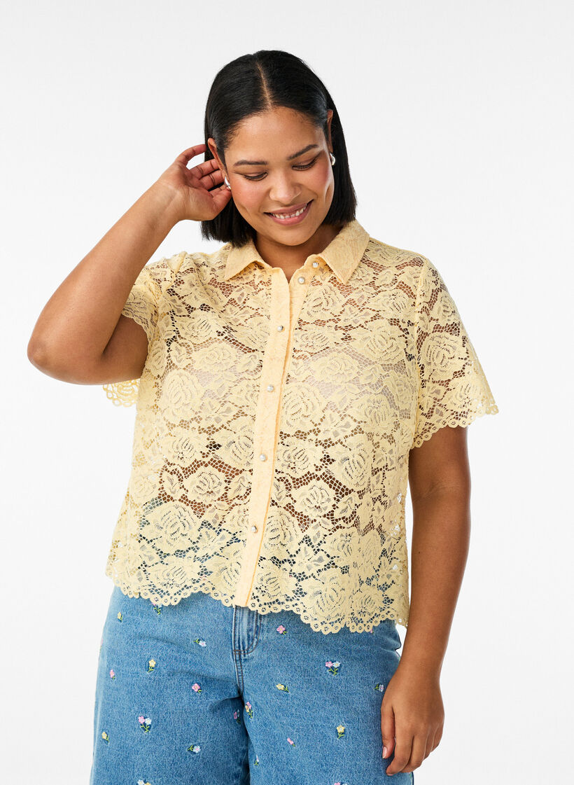 Spitzen blusenshirt mit perlenkn&ouml;pfen, Gelb, Model image number 0