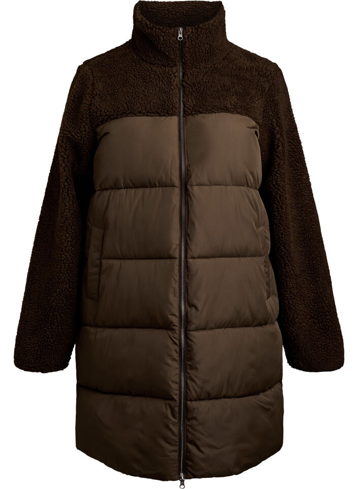 Mittellange Steppjacke mit Teddyfleece, Braun, Packshot
