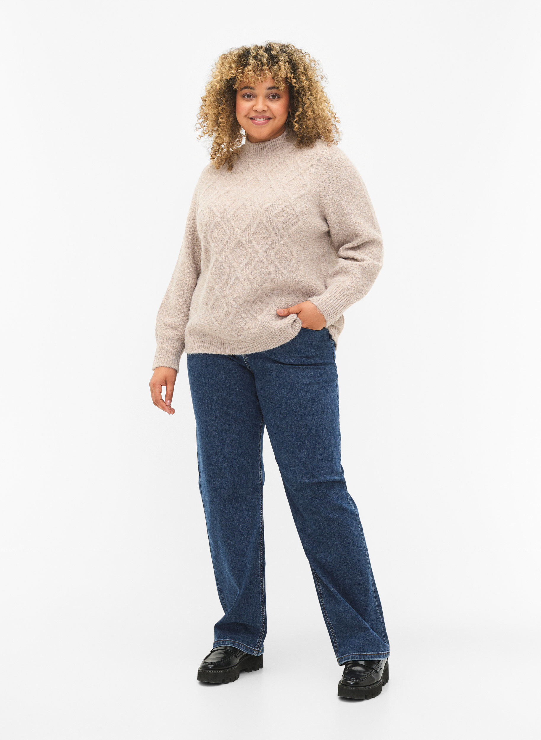 Zizzi Gemusterter Strickpullover mit Rollkragen, Simply Taupe Mel., Model image number 2