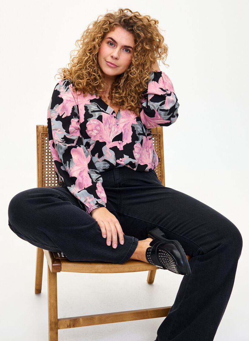 Blouse avec col en V et imprimé, Black Pale Mauve Fl., Image image number 0