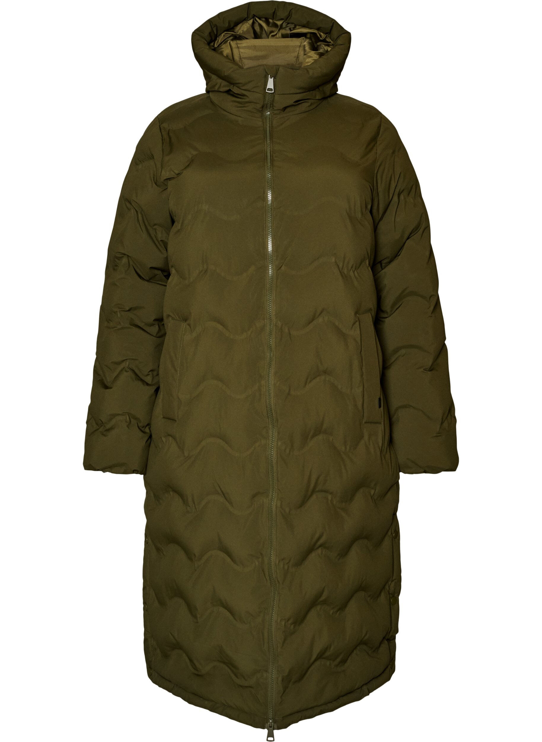 ZizziDoudoune longue &agrave; capuche avec motif vagues, Vert Kaki, Packshot image number 0