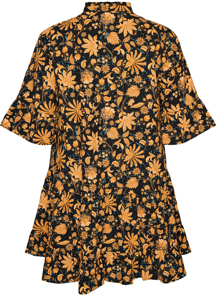 Gebl&uuml;mtes Kleid aus Baumwolle mit R&uuml;schendetails und lockerer A-Linien-Form, Orange, Packshot image number 1