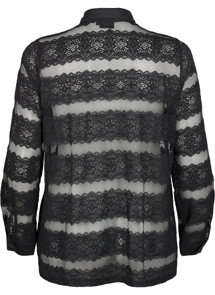 Lockere Bluse mit Spitze und transparentem Mesh, Black, Packshot image number 1