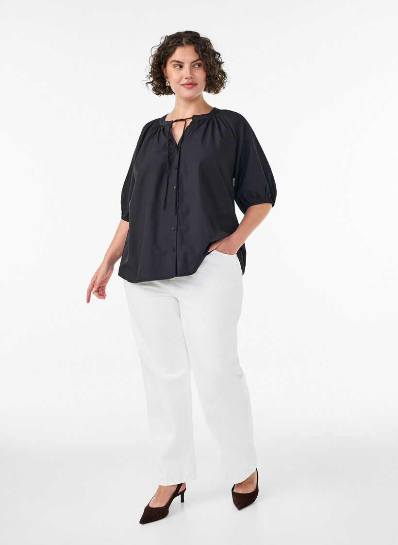 Chemisier avec fermeture boutonn&eacute;e et ceinture &agrave; nouer, Noir, Model image number 1