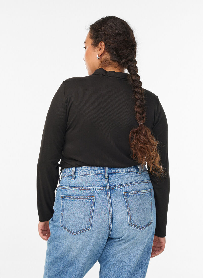 Poloshirt aus weichem Ripp mit langen Ärmeln, Schwarz, Model image number 2