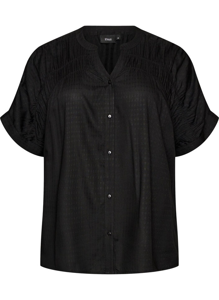 Bluse aus Viskose mit kurzen &Auml;rmeln und Raffdetails, Schwarz, Packshot image number 0