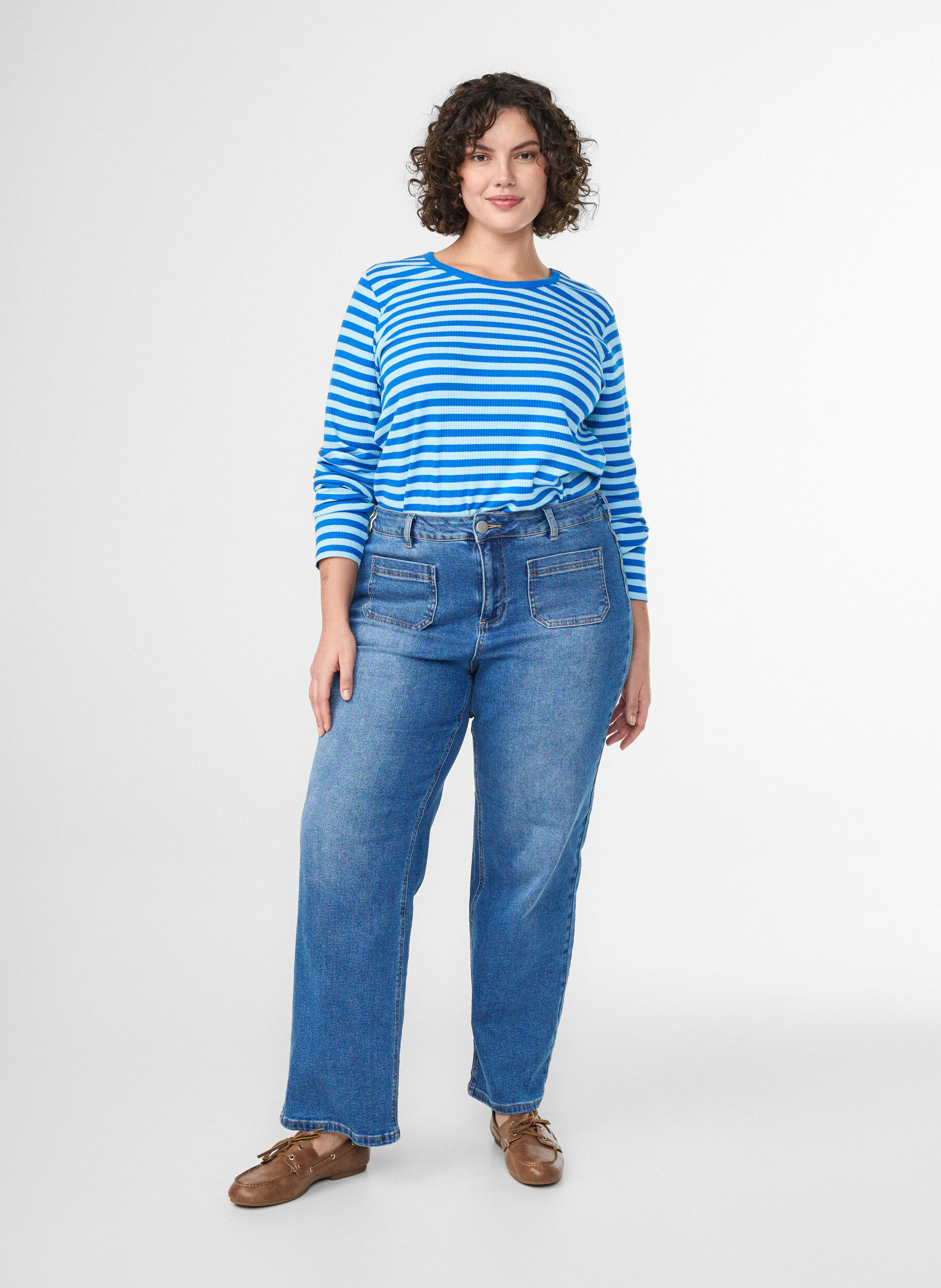 ZizziGestreifte Bluse mit langen &Auml;rmeln., Blau, Model image number 1