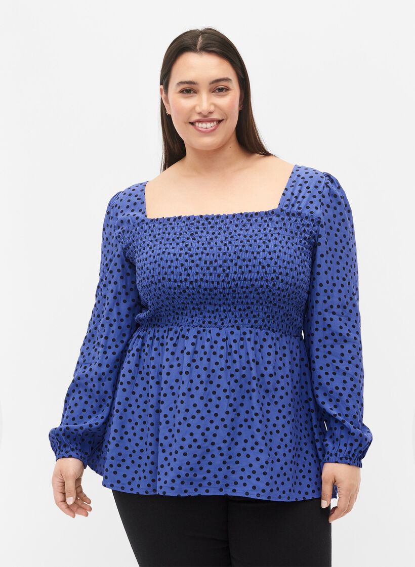Gepunktete Viskosebluse mit Smok, R.Blue w. Black Dot, Model image number 0