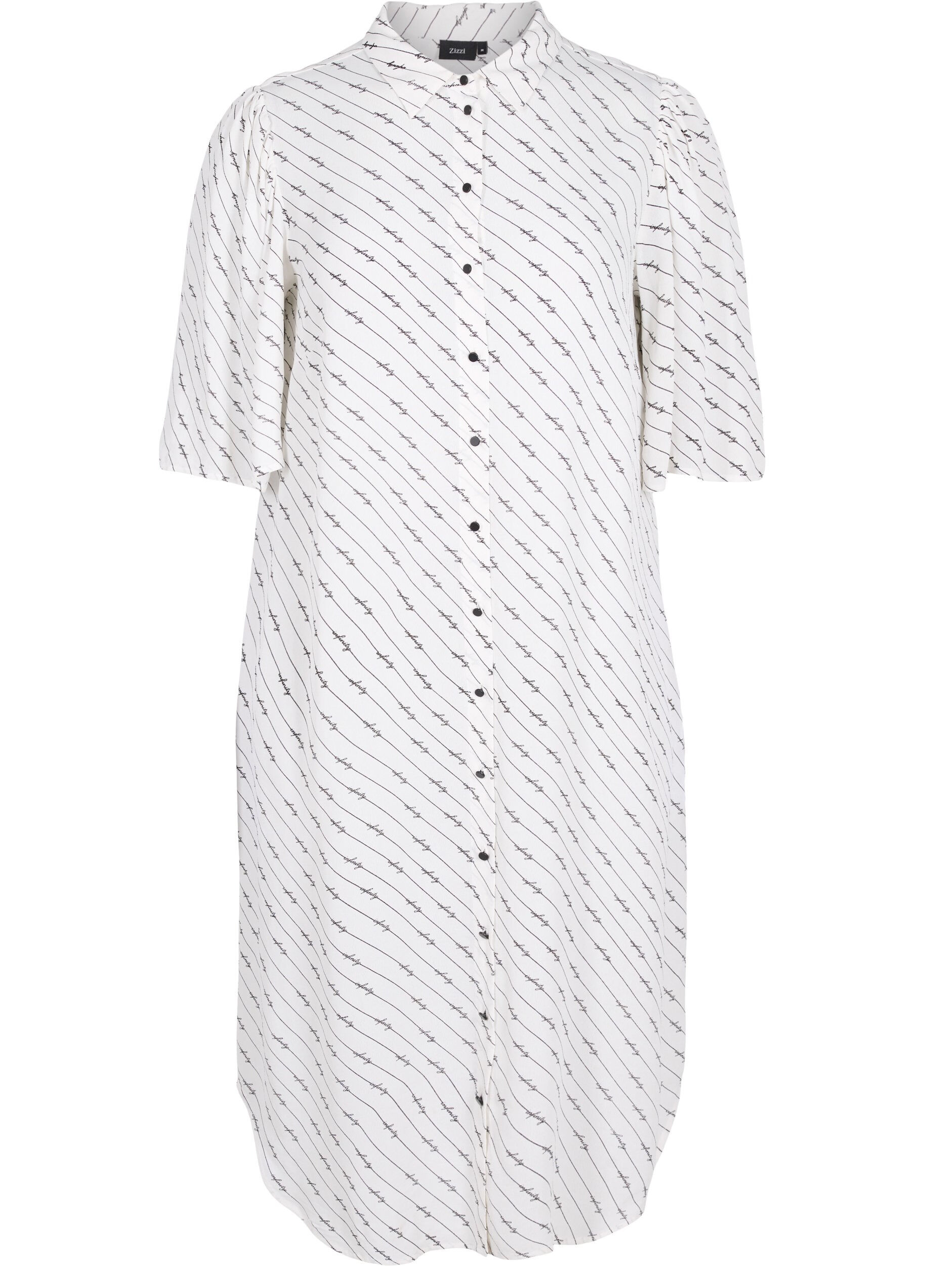 Zizzi Robe chemise ray&eacute;e en viscose, White AOP, Packshot image number 0