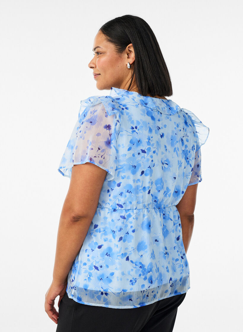 Blouse fleurie avec col &agrave; volants et effet peplum, Bleu, Model image number 2