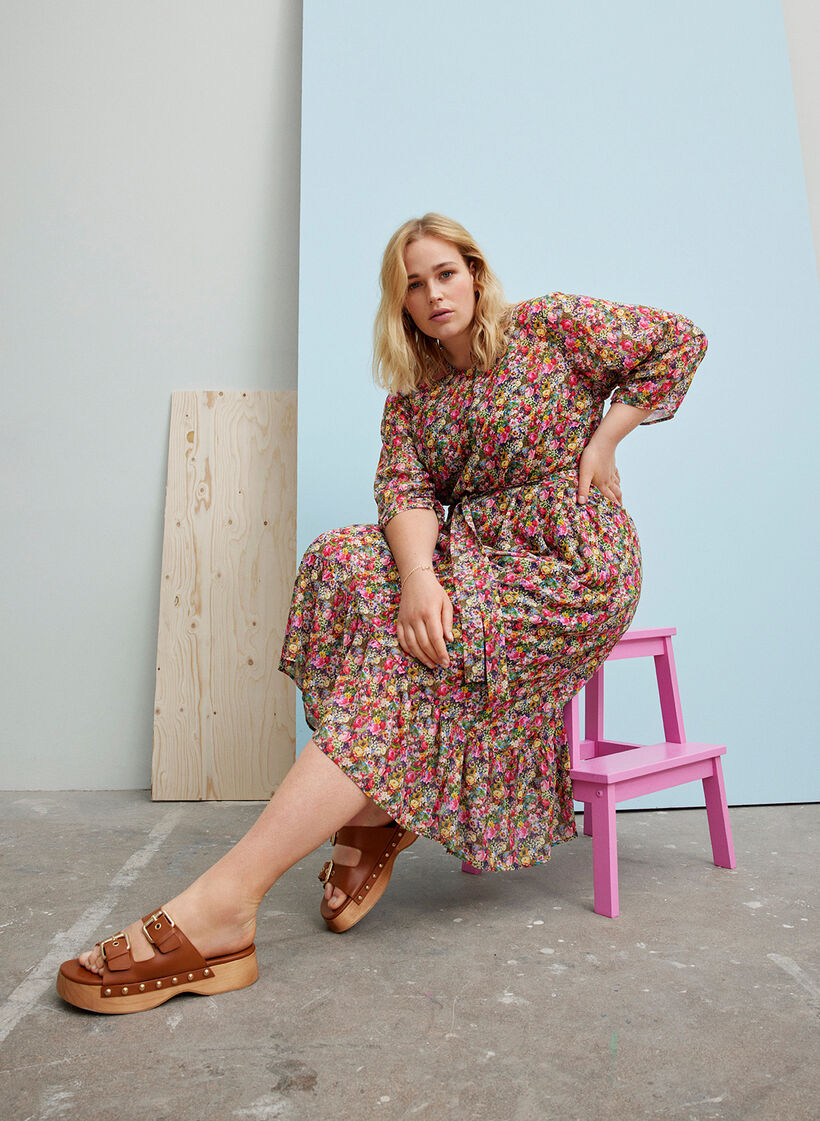 Midikleid mit Blumenprint und Bindeband an der Taille, Pink Flower AOP, Image image number 0