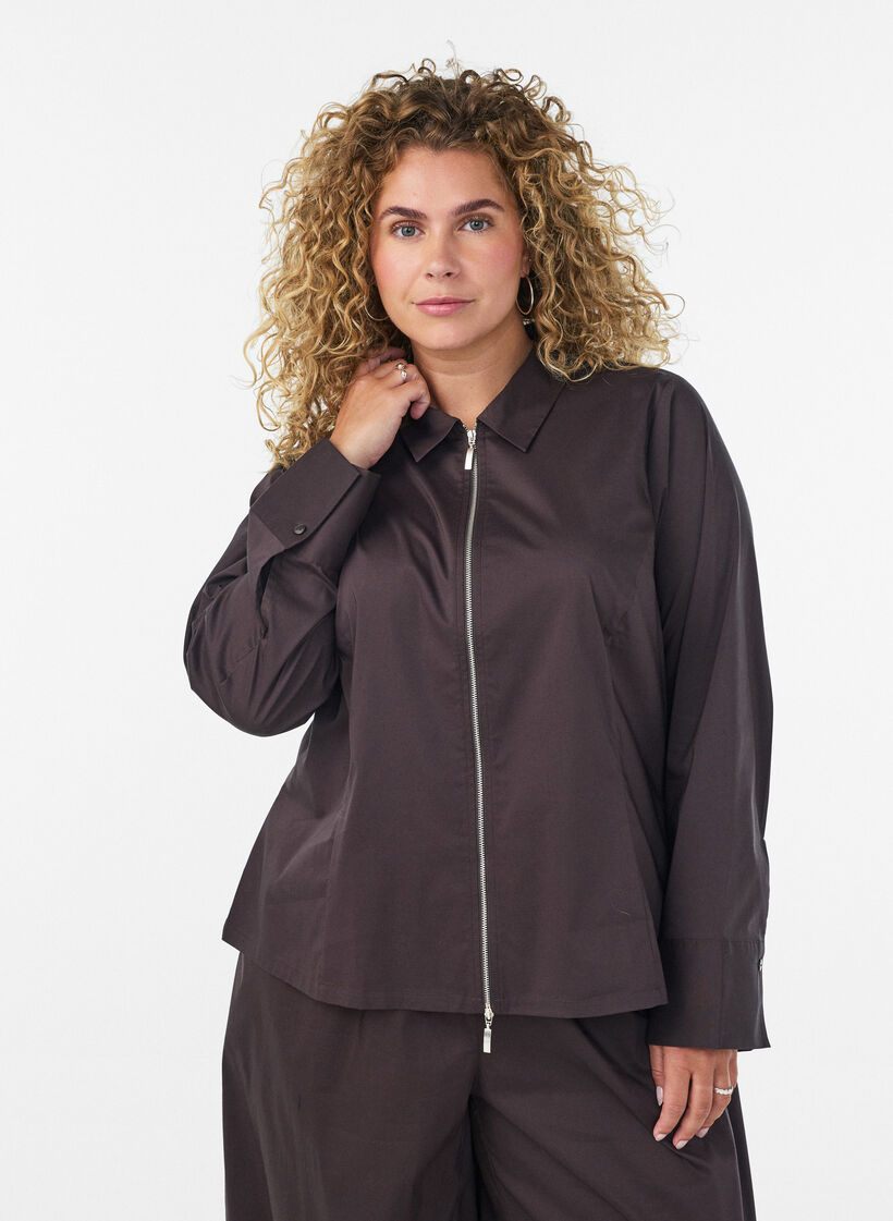 Kurzes Shirt mit Zwei-Wege-Rei&szlig;verschluss, Braun, Model image number 0