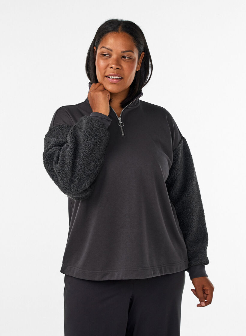 Sweatshirt avec manches en mati&egrave;re teddy et col montant, Gris anthracite, Model image number 0