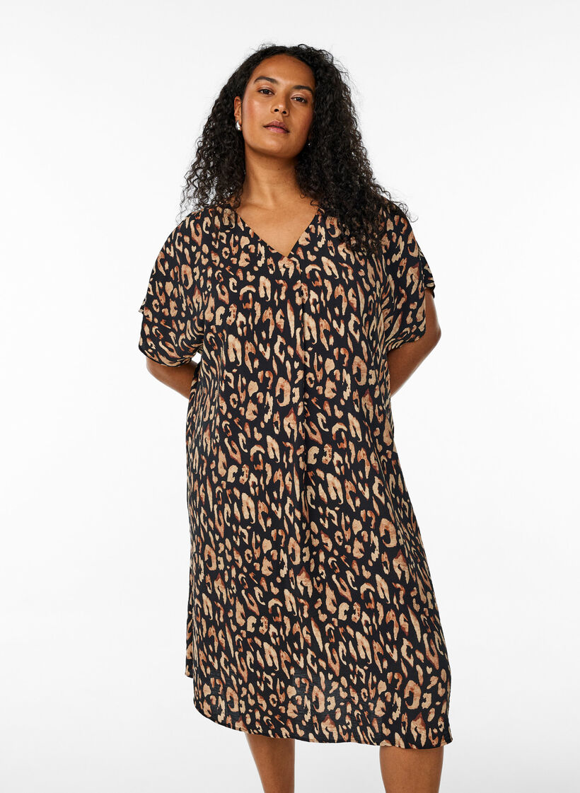 Robe &agrave; col en V en viscose, Noir, Model image number 0