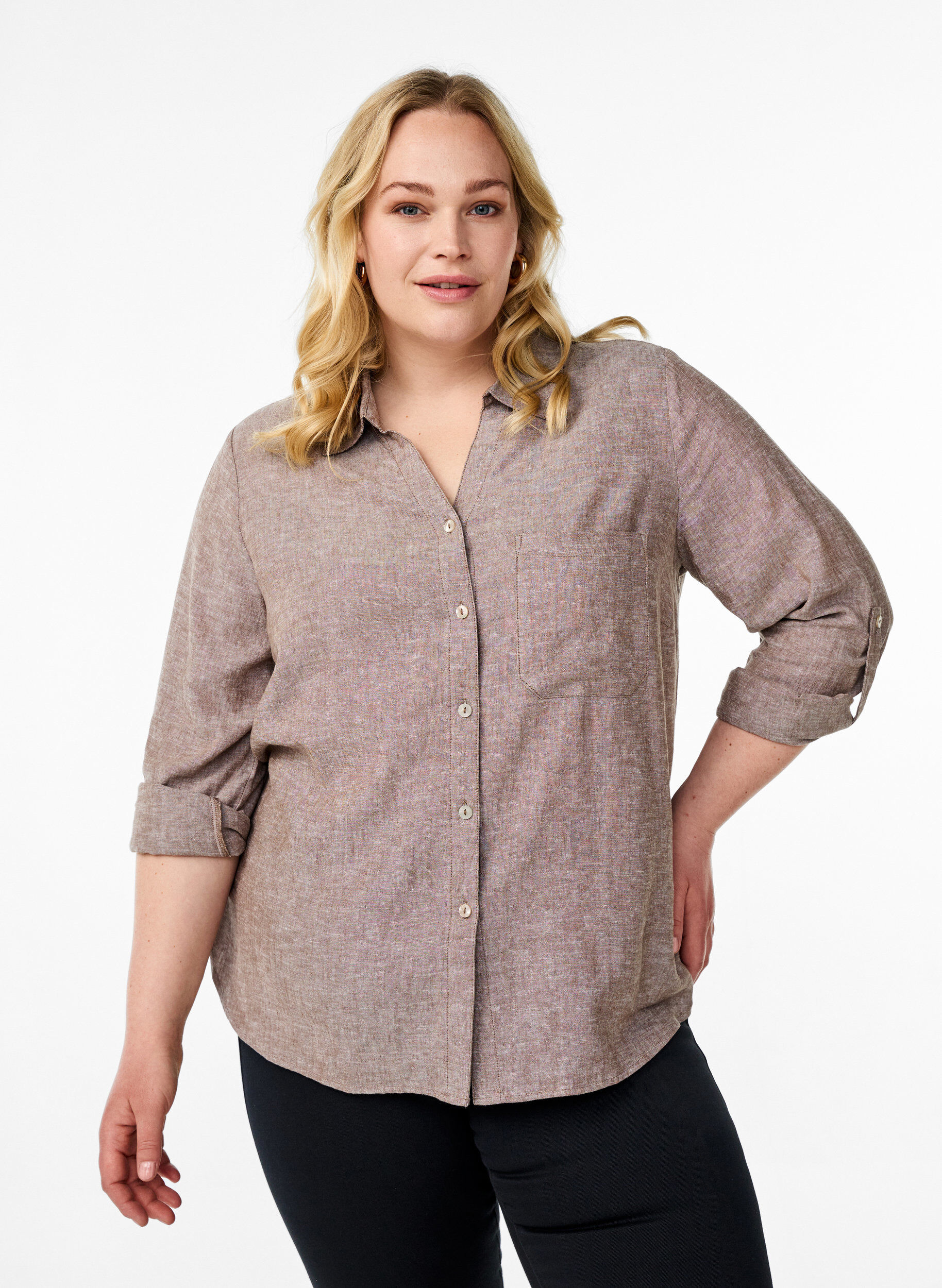 Chemise en lin et viscose avec manches 3/4, Marron, Model