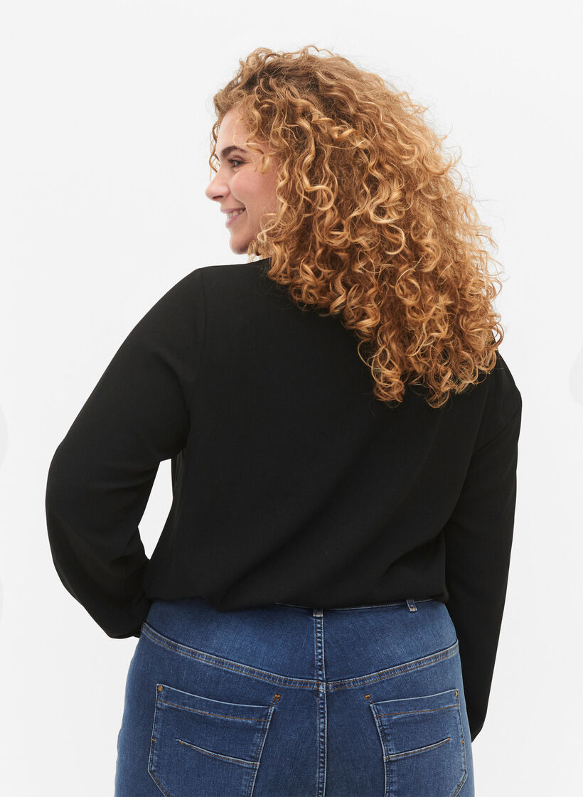 Bluse mit V-Ausschnitt und Spitzenbesatz, Black, Model image number 1