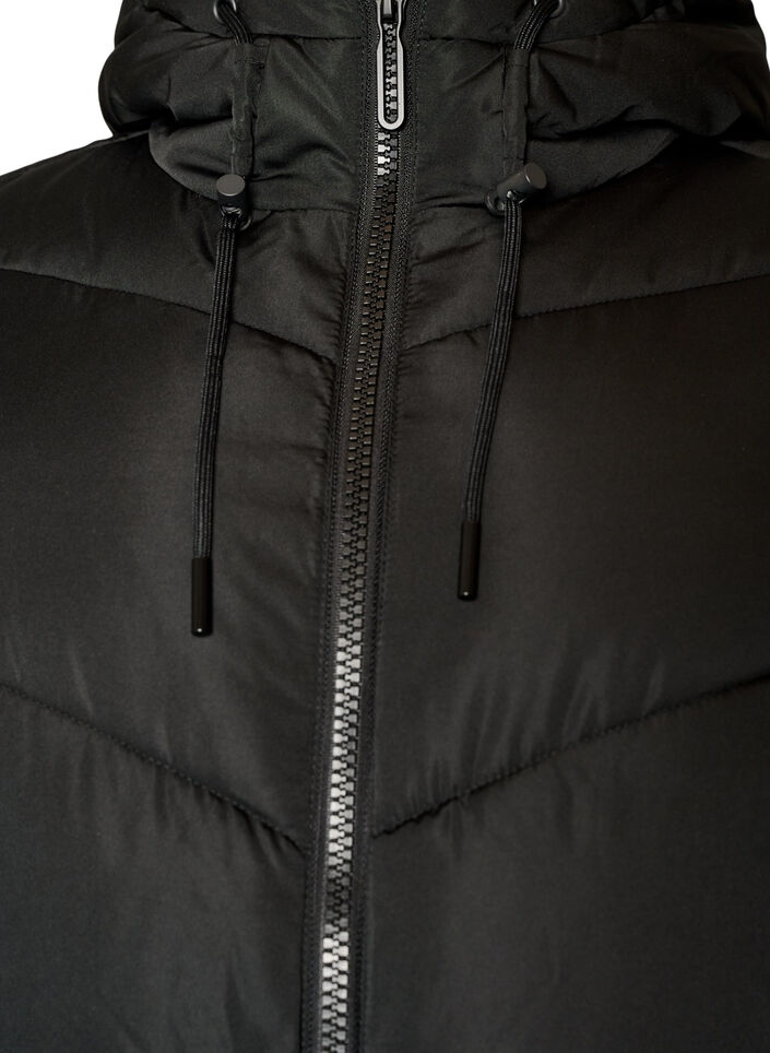 Langer Puffermantel mit Kapuze und Taschen, Schwarz, Packshot image number 2