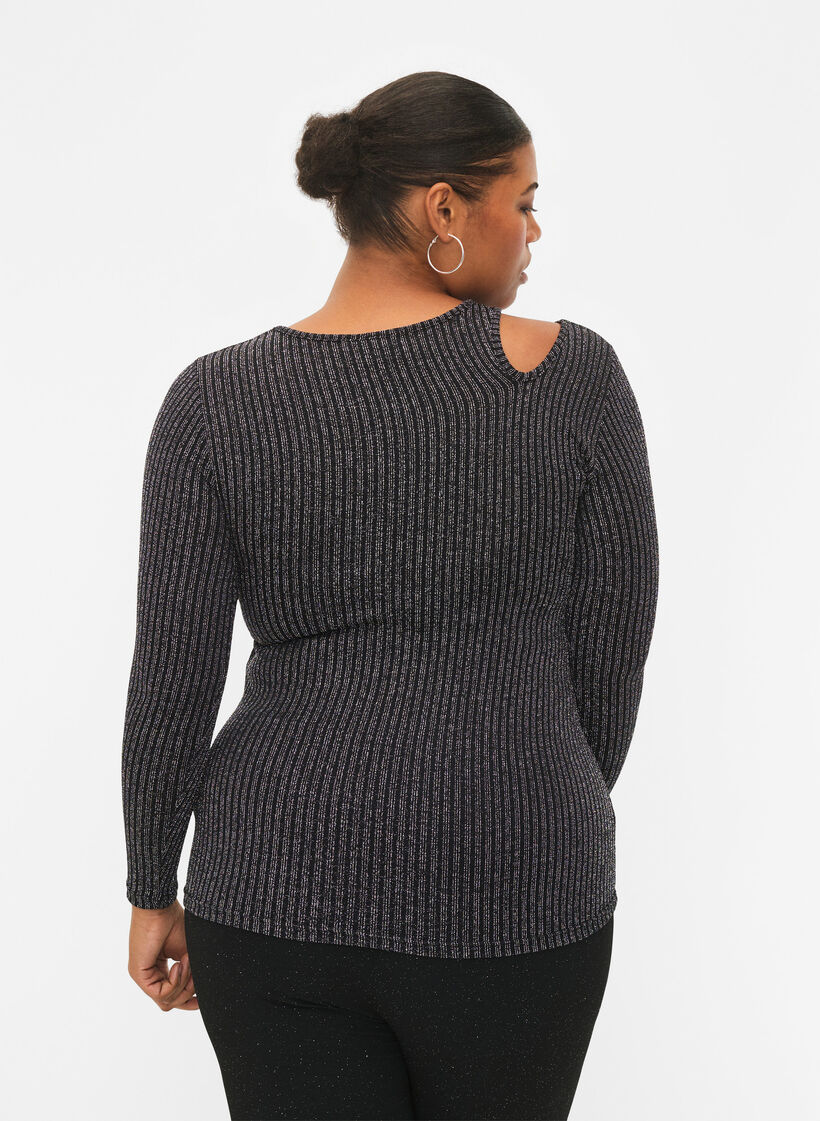 Langärmelige Bluse mit Glitzerausschnitt, B. w. Silver Stripes, Model image number 1