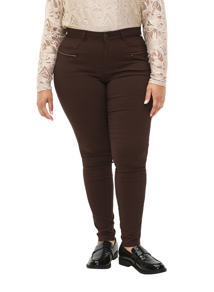 Pantalon moulant avec d&eacute;tails de fermetures &eacute;clairs , Marron, Model image number 3