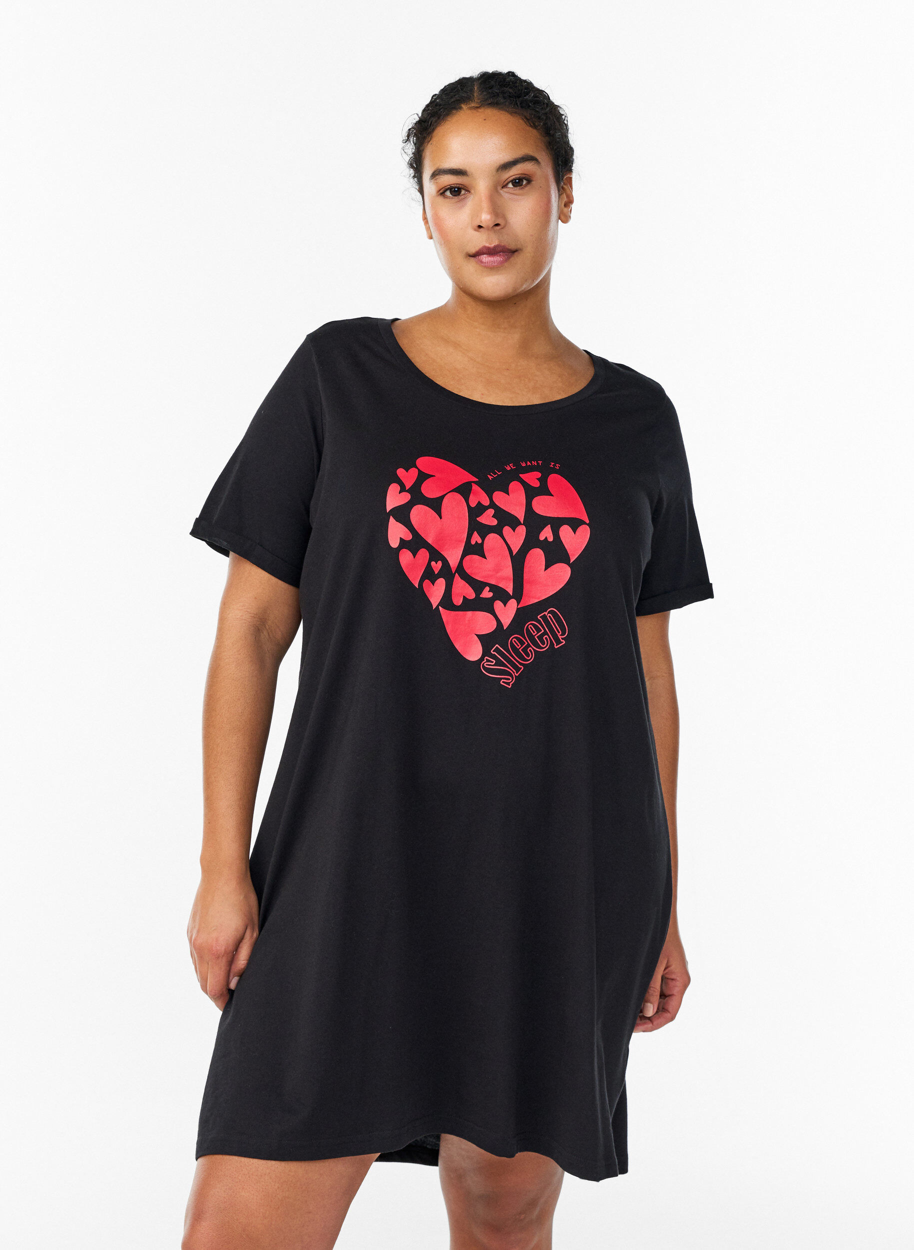 Chemise de nuit &agrave; manches courtes en coton biologique, Noir, Model