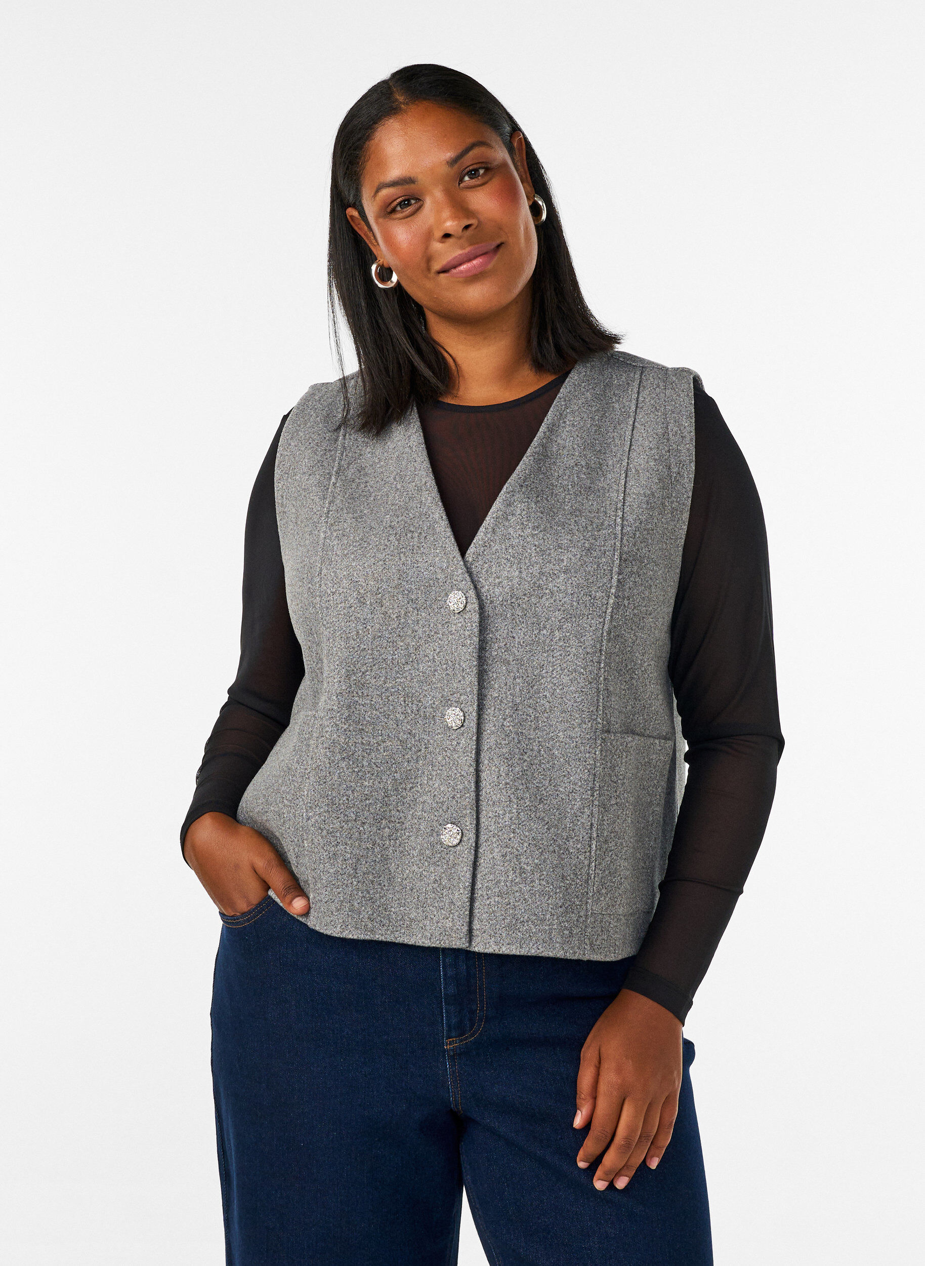 Weste mit V-Ausschnitt und Kn&ouml;pfen, Grau, Model
