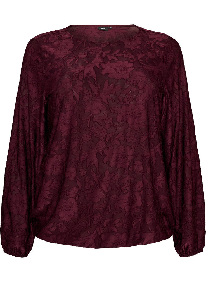 Blouse transparente avec texture florale et manches longues, Bordeaux, Packshot image number 0