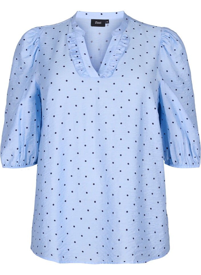 Punktebluse mit 3/4-Ärmeln aus Viskose, Light Blue Dot, Packshot image number 0