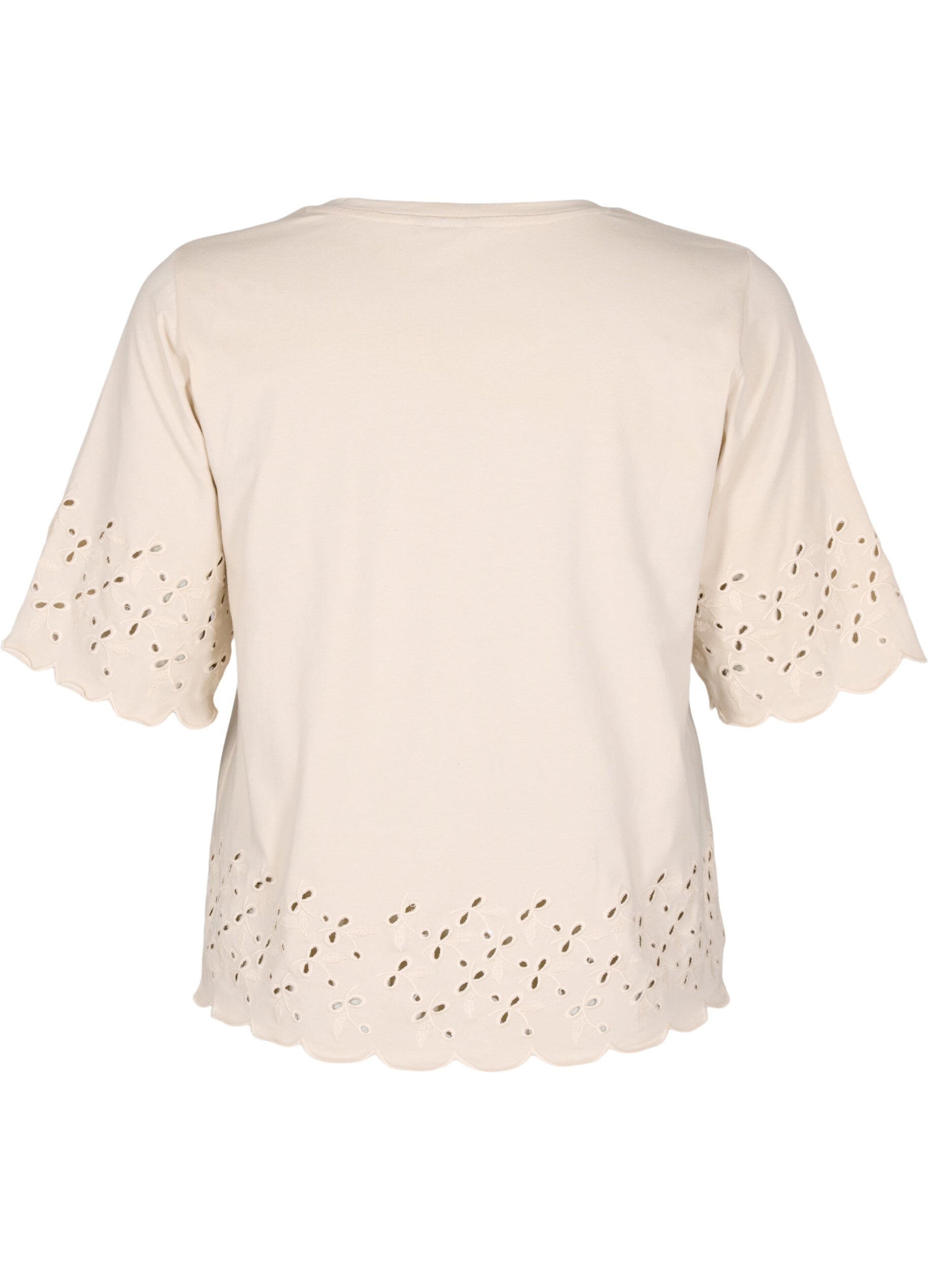 Zizzi T-Shirt Mit Broderie Anglaise Und Gewellten Kanten, Beige, Packshot image number 1