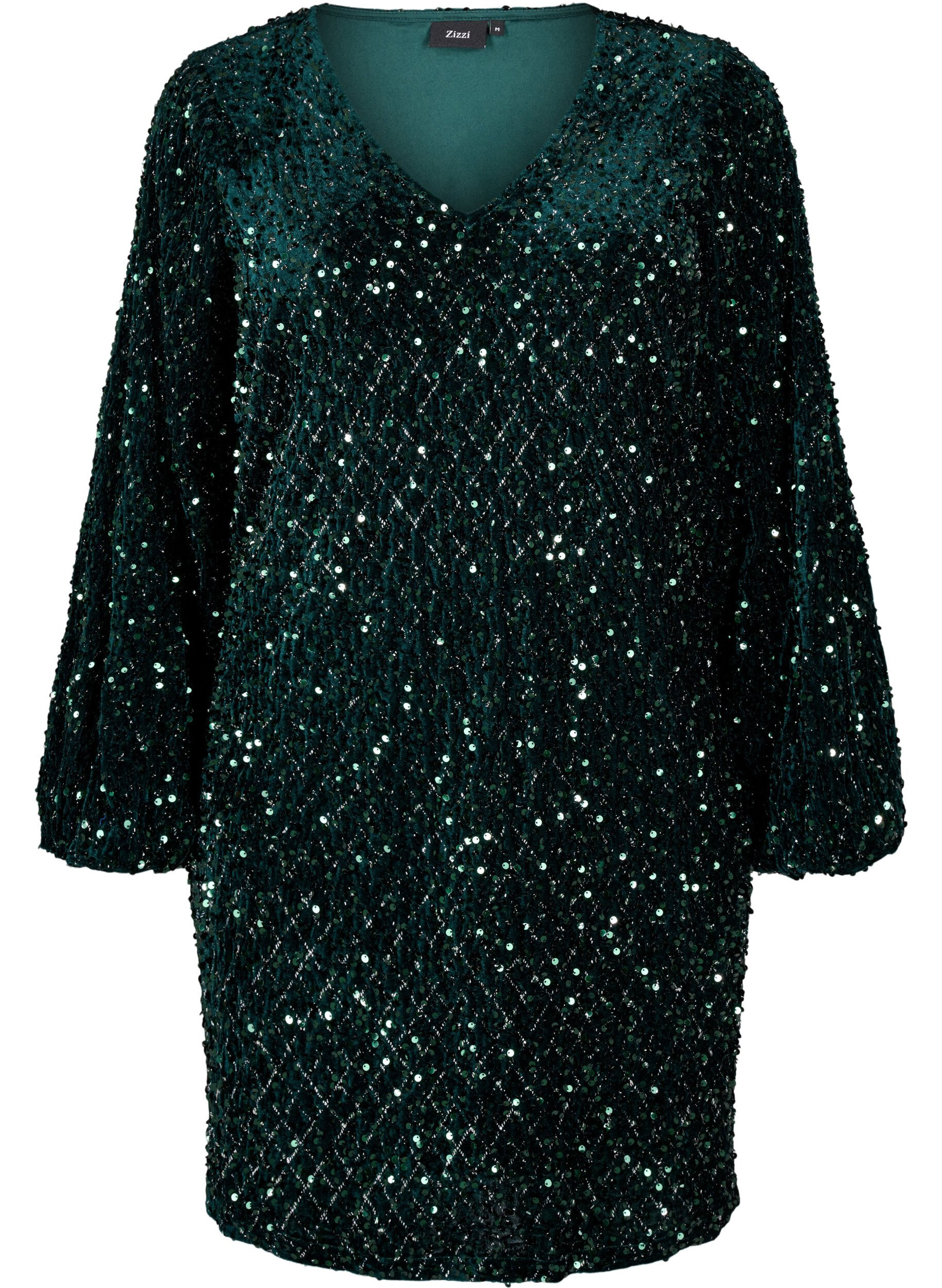 Zizzi Paillettenkleid mit V-Ausschnitt und Karomuster, Rain Forest Sequins, Packshot image number 0