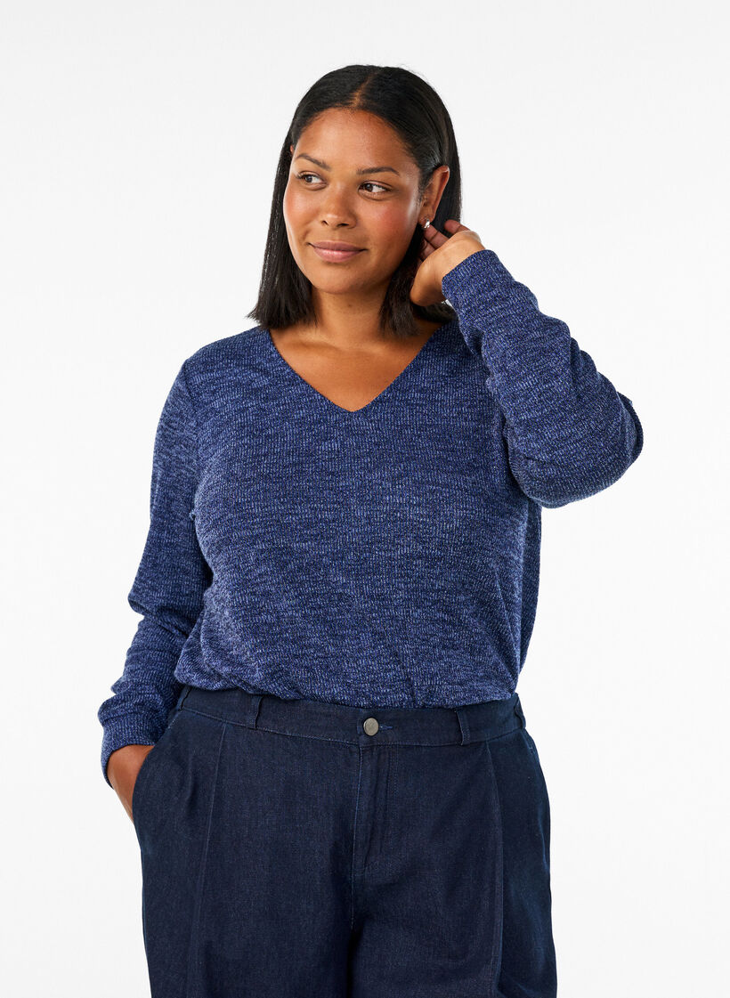 Bluse aus Jersey mit V-Ausschnitt und langen &Auml;rmeln, Blau, Model image number 0