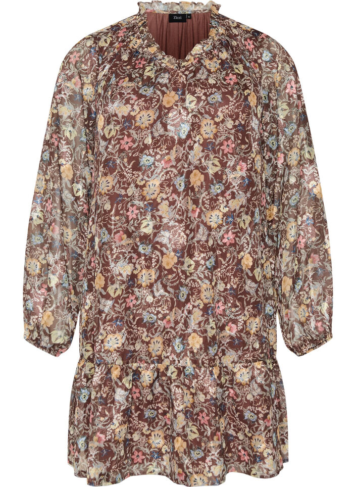 Robe en mousseline &agrave; imprim&eacute; floral et volants &eacute;tag&eacute;s, Marron, Packshot image number 0