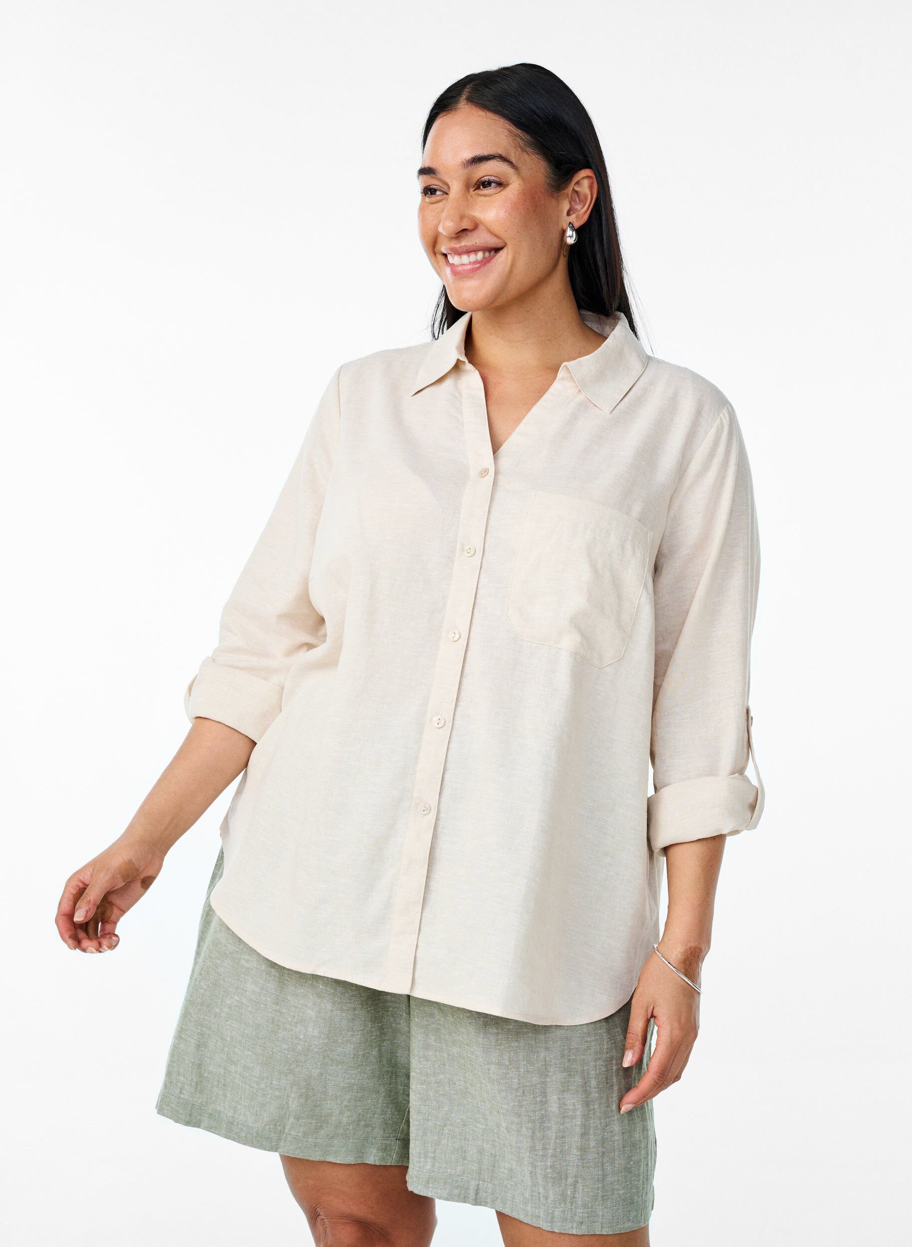 ZizziChemise en lin et viscose avec manches 3/4, Beige, Model image number 0