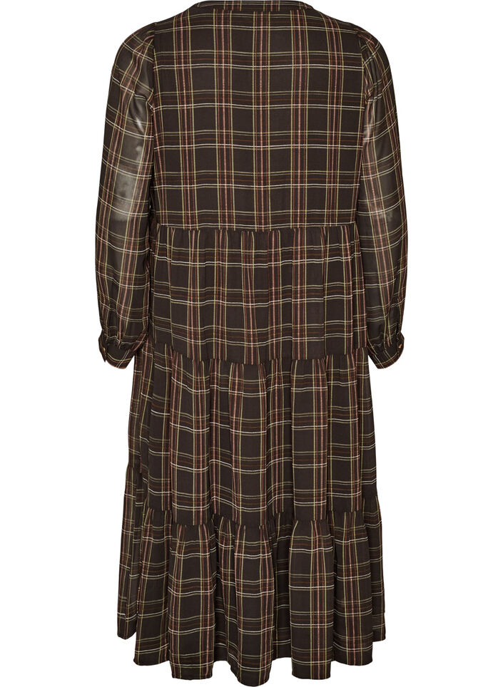 Robe midi &agrave; carreaux avec une jupe &agrave; volants, Marron, Packshot image number 1