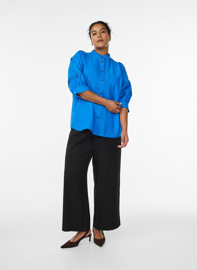 Blouse avec manches 3/4 et plis décoratifs, Bleu, Model image number 1
