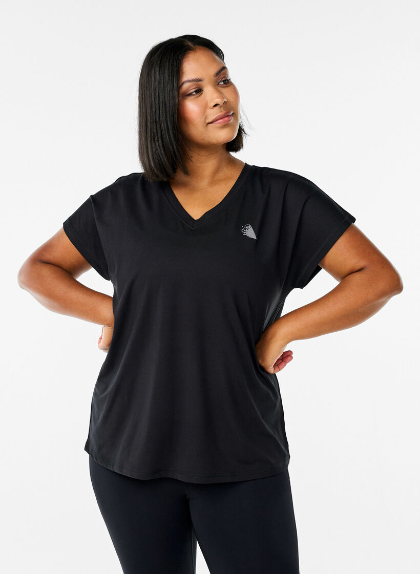 Lockeres Trainings-T-Shirt mit V-Ausschnitt, Schwarz, Model image number 0