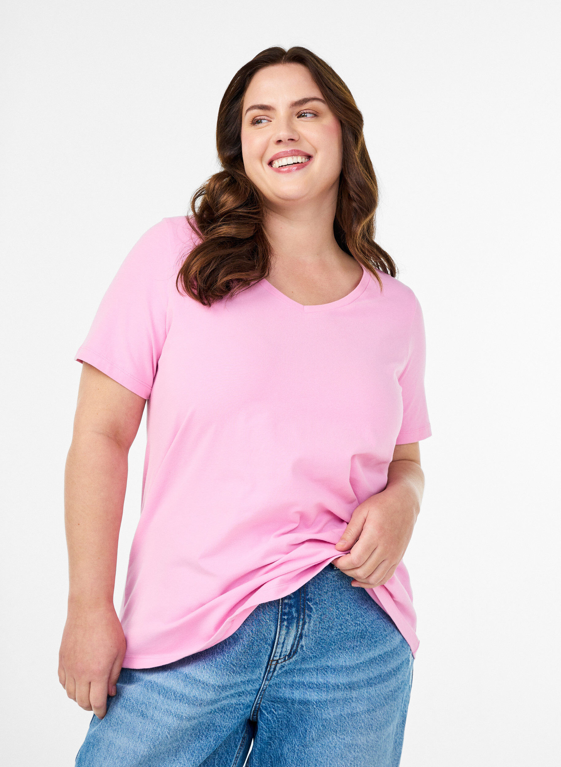 Zizzi T-shirt Basic en coton uni, Rose, Model image number 0