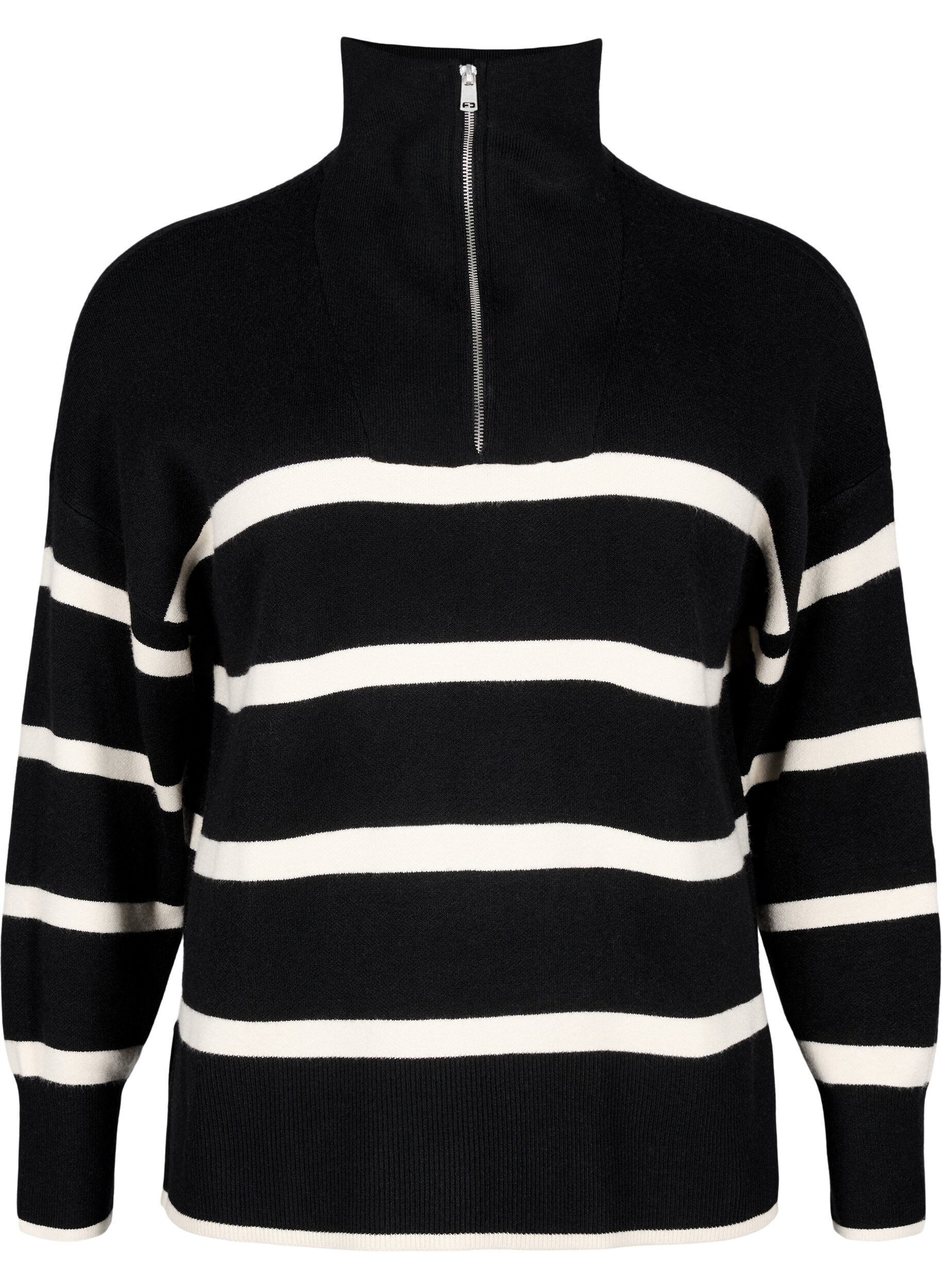Zizzi Pullover mit Streifen und hohem Kragen	, Black w. Birch, Packshot image number 0