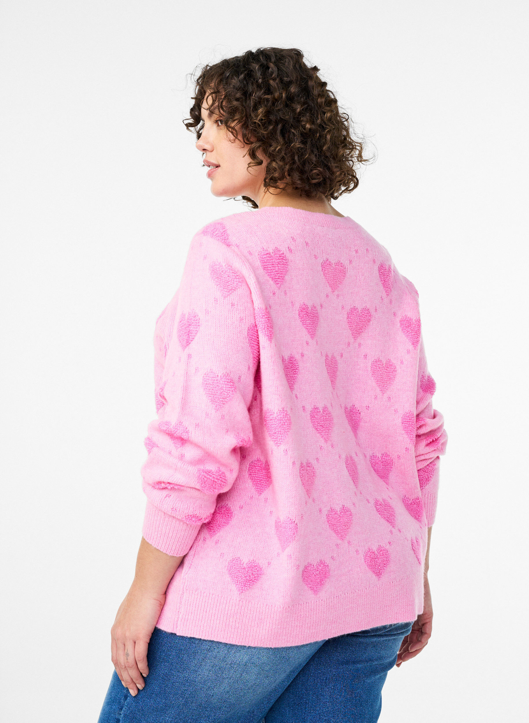 Zizzi Strickjacke mit Herzen und goldenen Kn&ouml;pfen, Pink, Model image number 2
