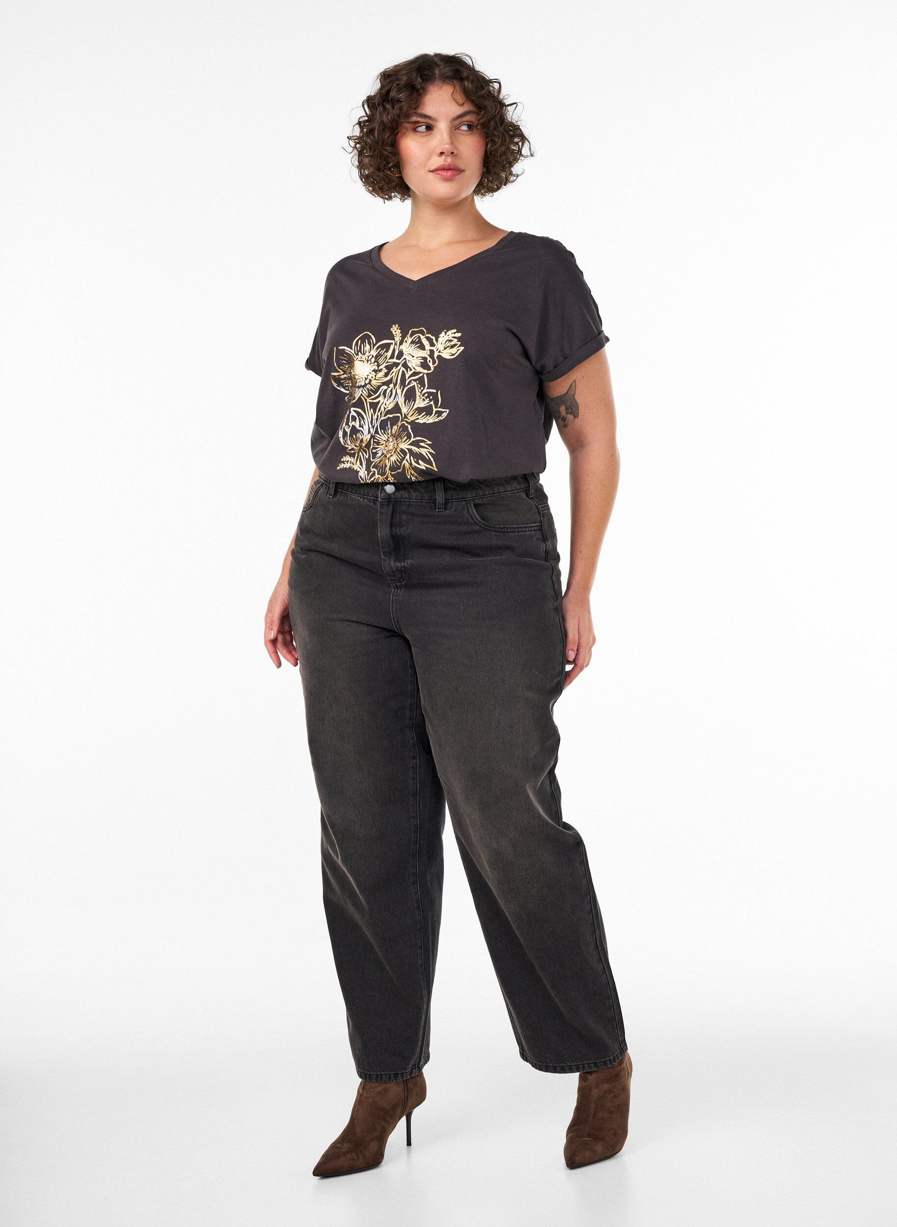 ZizziT-shirt en coton avec imprim&eacute; dor&eacute;, Gris anthracite, Model image number 1