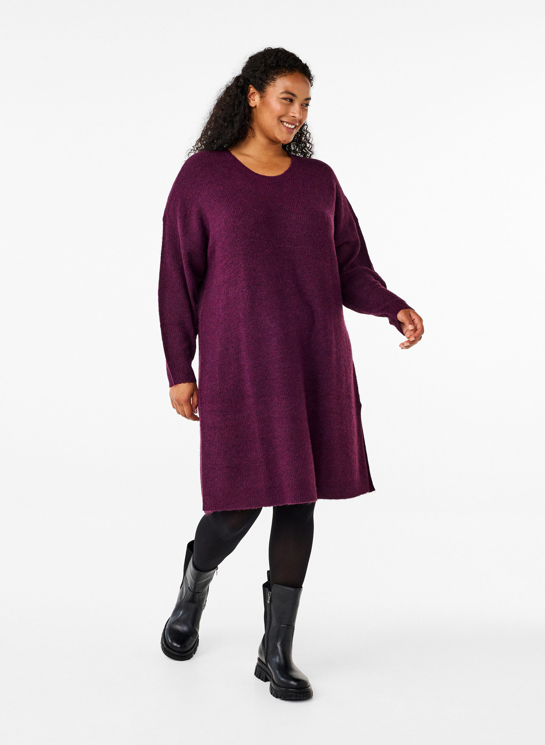 Zizzi Lang&auml;rmeliges Kleid aus Rippstrick, Potent Purple Mel., Model image number 2