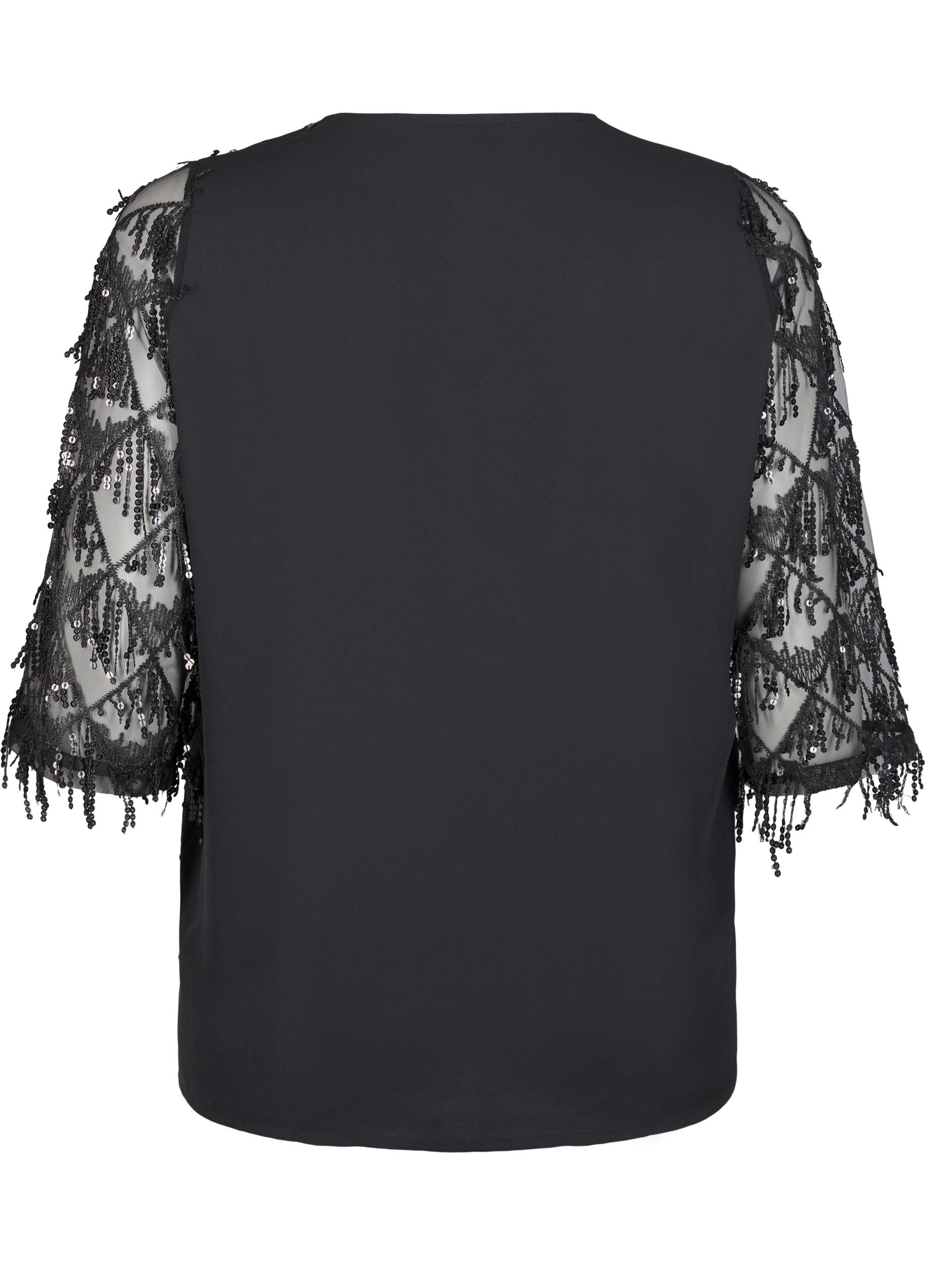 Zizzi Party-Bluse mit Paillettenfransen und 3/4-&Auml;rmeln, Black, Packshot image number 1
