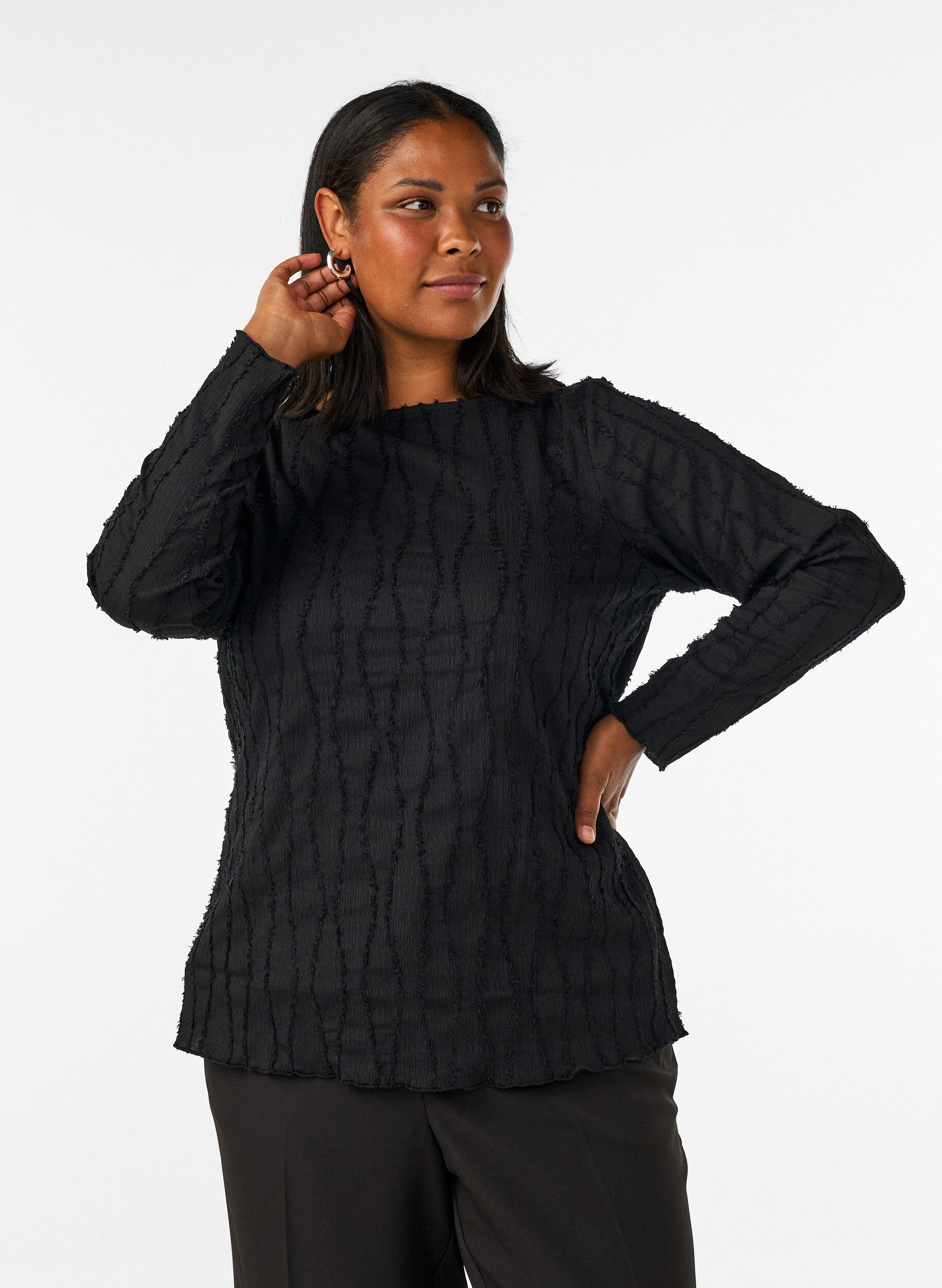 ZizziBlouse en jersey ondul&eacute;, Noir, Model image number 0