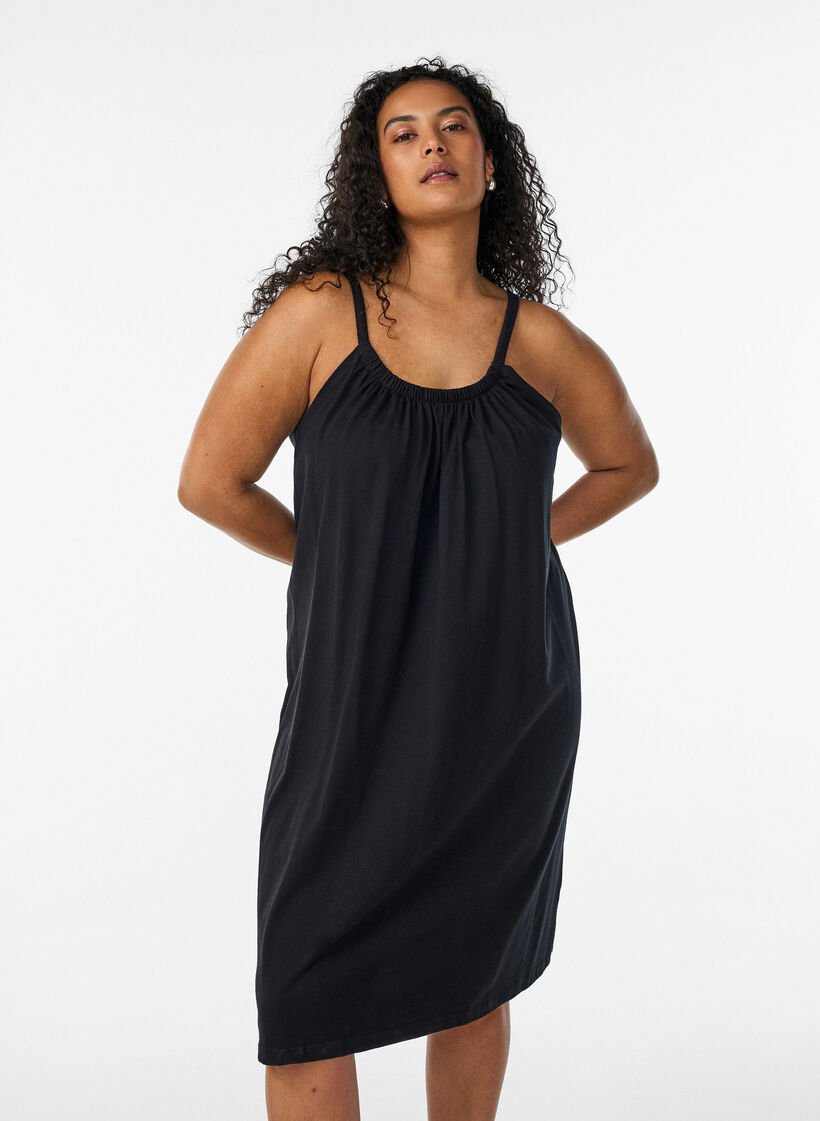 Robe &agrave; bretelles midi en coton bio, Noir, Model image number 0