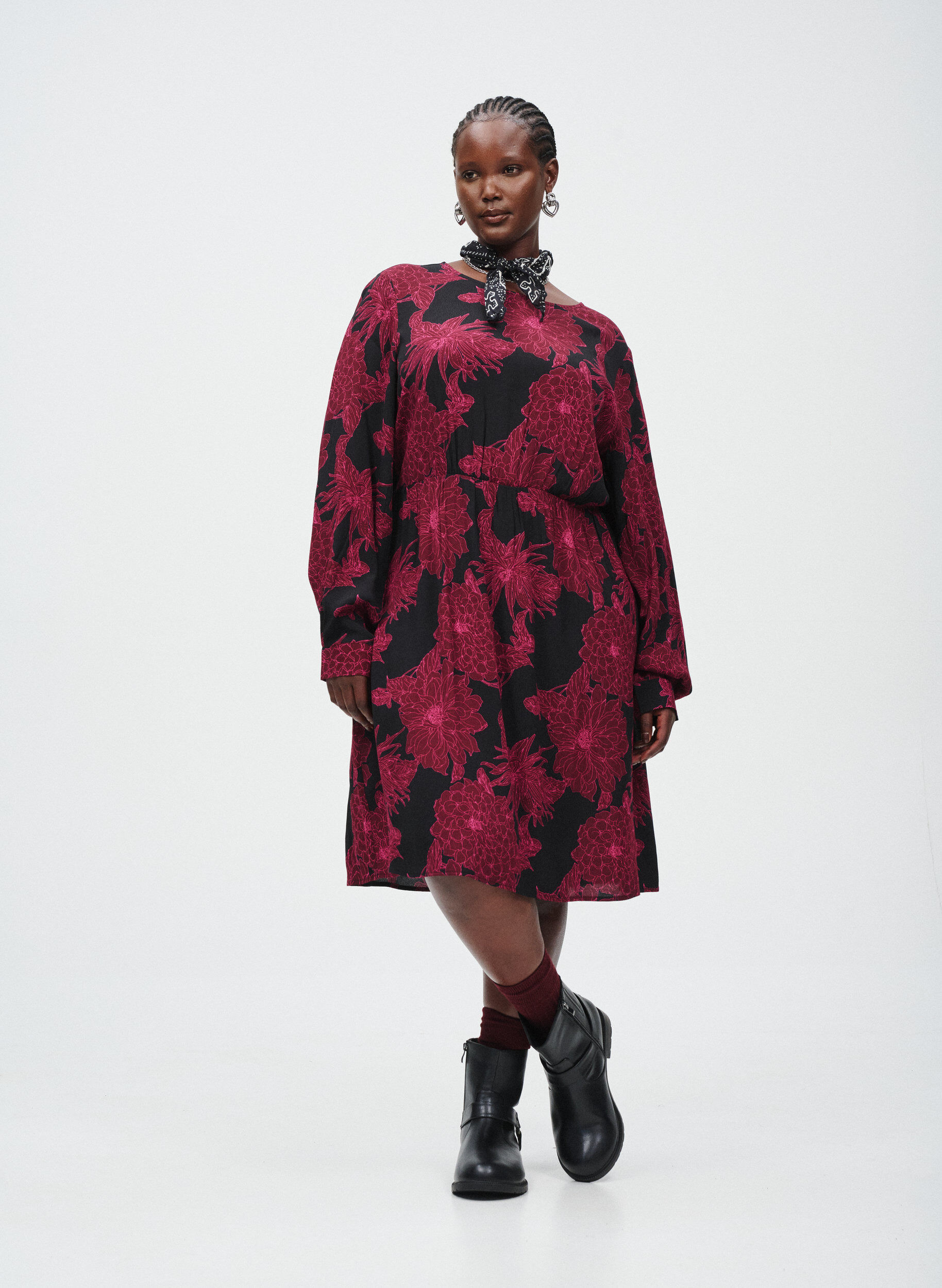 Zizzi Viskosekleid mit Druck und langen &Auml;rmeln, Dunkles Bordeaux, Image image number 0