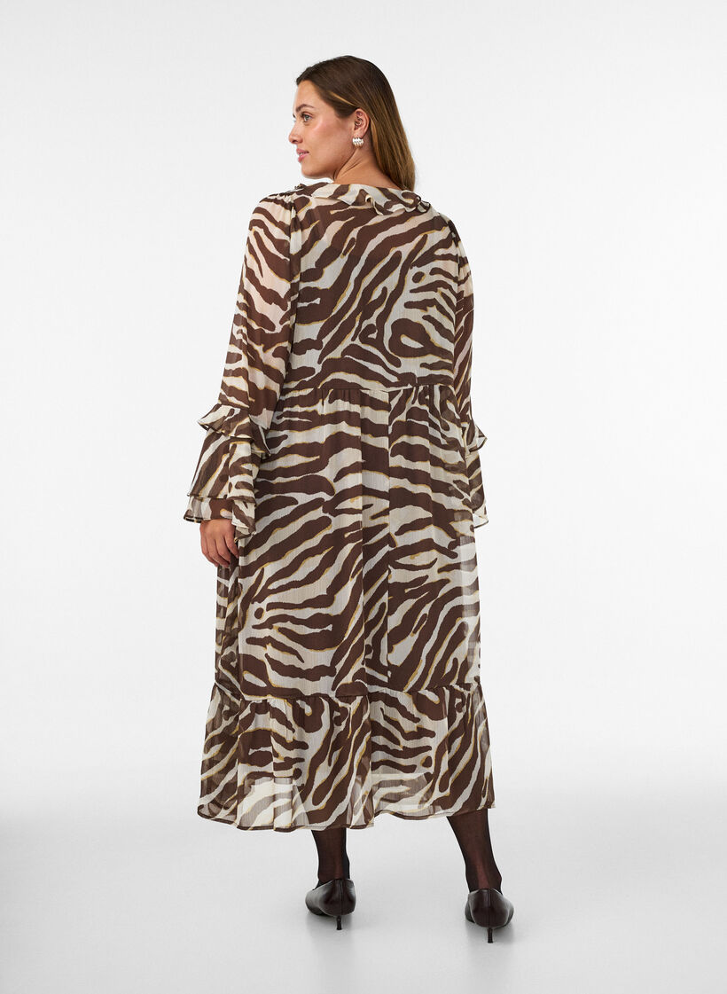 Robe midi avec volants et col en V, Marron, Model image number 1