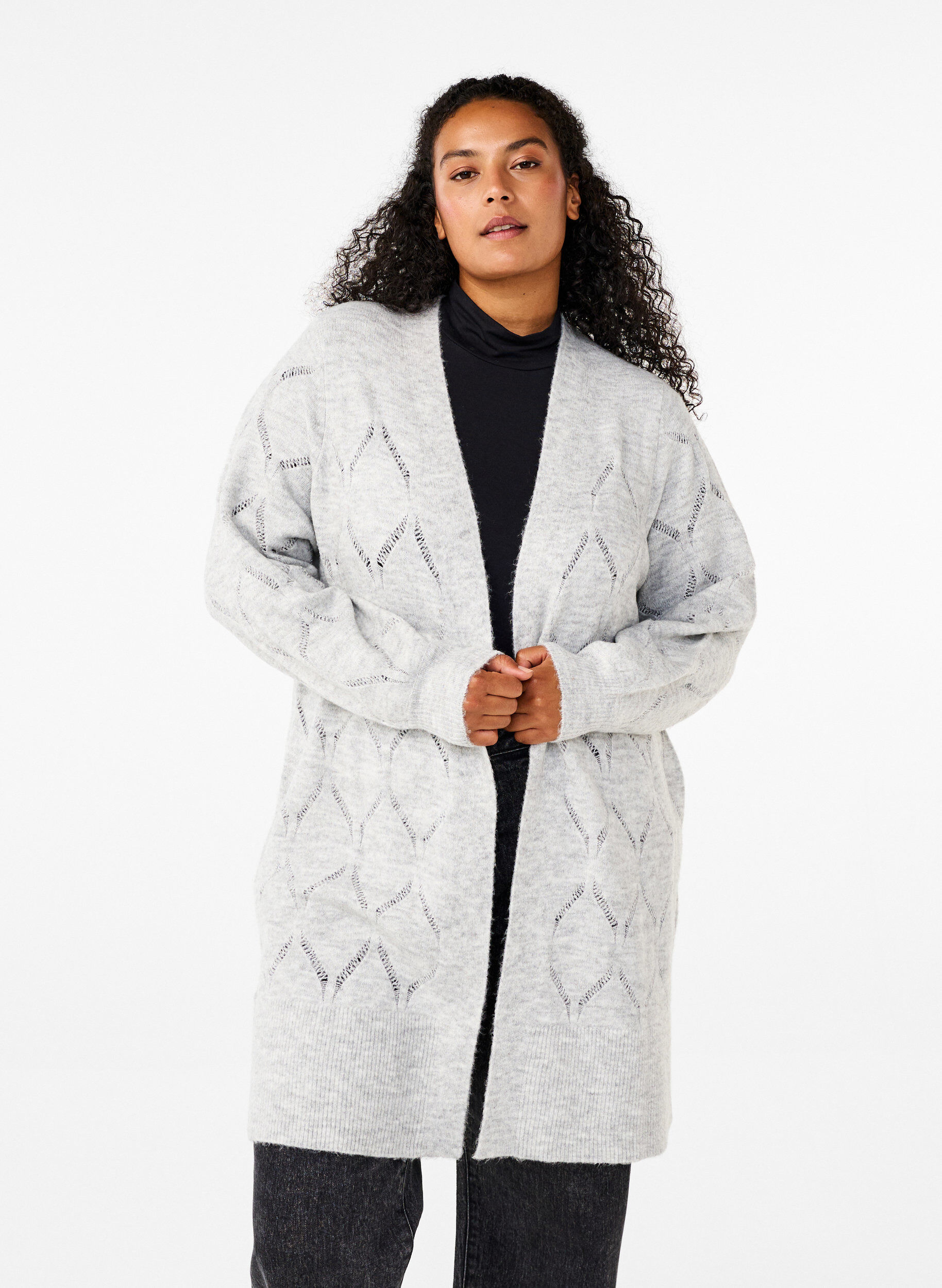 Zizzi Langarm-Strickjacke, Light Grey Melange, Model image number 0