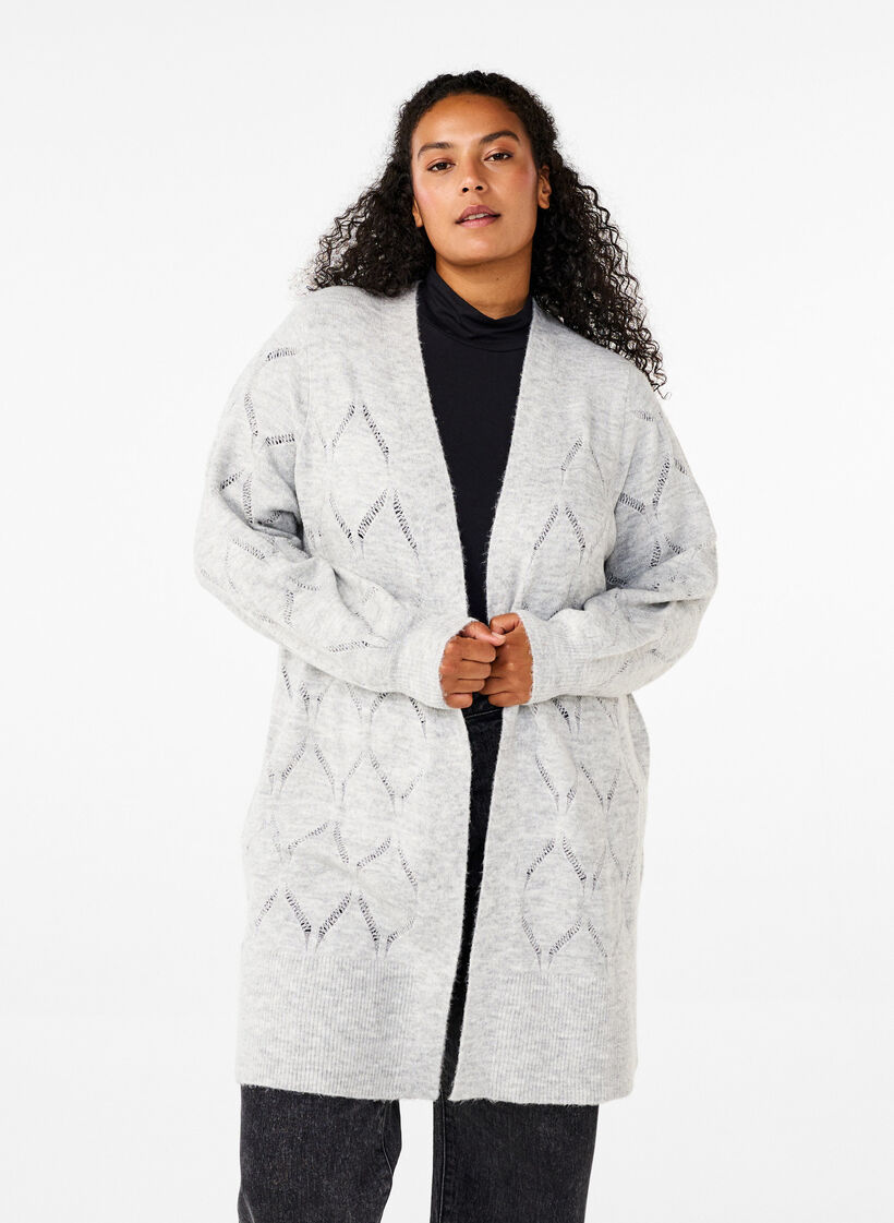 Cardigan en maille à manches longues, Light Grey Melange, Model image number 0