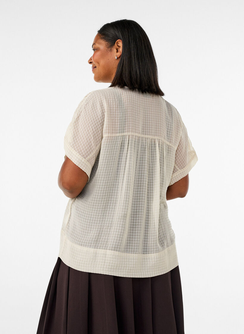 Blouse en seersucker avec col en V, Beige, Model image number 2