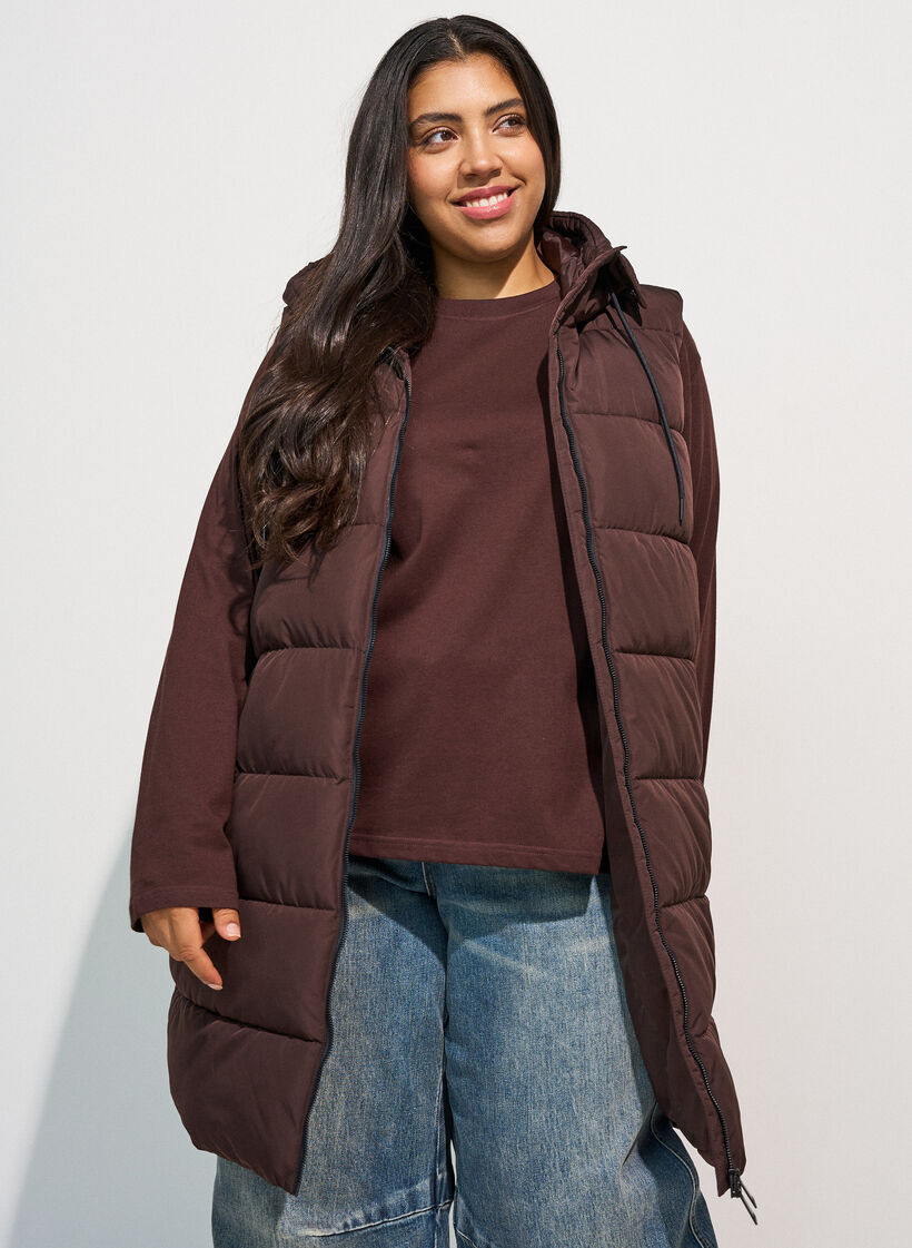 Gilet long avec capuche et poches, Marron, Model image number 2